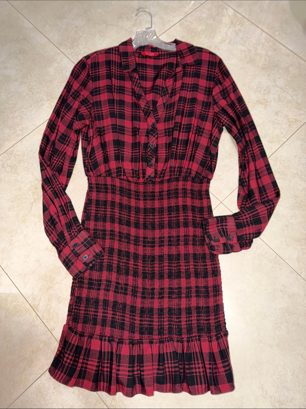 Guess Red and Black Plaid Long-Sleeve Smocked Dress